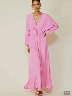 Line & Dot Flowy Empire Waist Pink V-Neck Maxi Dress